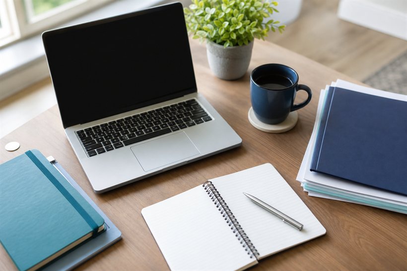 Mesa de trabalho com documentos e laptop